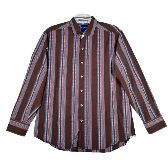 Tommy Bahama Shirt Mens Large Brown Blue Striped Silk Blend Casual Office Preppy - Picture 1 of 10